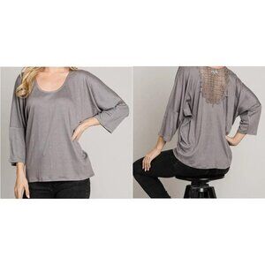 Soft Gray Crinkle Knit Top with Lace Back | Relaxed Fit | NWT
